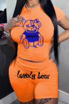 Orange Casual Sportswear Cartoon Print Letter O Neck Short Sleeve Two Pieces(Without Necklace)
