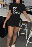 Black Casual Letter Print Basic O Neck Short Sleeve Two Pieces