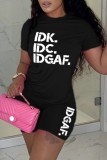 Black Casual Letter Print Basic O Neck Short Sleeve Two Pieces