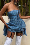 Blue Sexy Street Print Patchwork Asymmetrical Strapless A Line Dresses