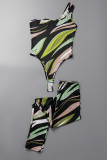 Green Sexy Print Patchwork Oblique Collar Sleeveless Two Pieces