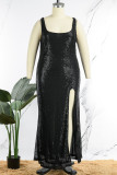 Black Sexy Solid Sequins Patchwork Slit U Neck Vest Dress Dresses