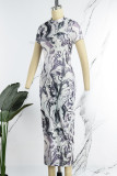 Multicolor Casual Print Basic Half A Turtleneck Short Sleeve Dress