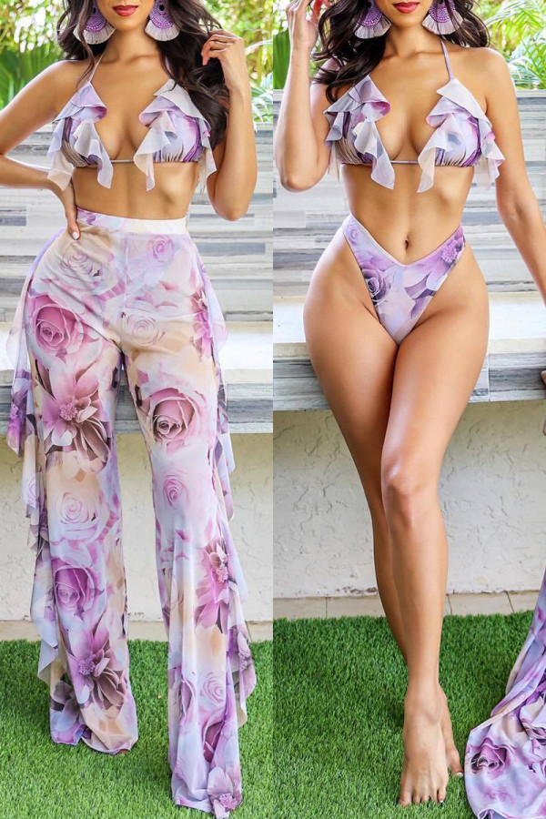 Purple Sexy Print Bandage Backless Swimsuit Three Piece Set