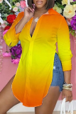 Yellow Casual Work Not Positioning Printed Buckle Asymmetrical Turndown Collar High Waist Tops