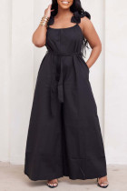 Black Casual Solid Patchwork With Belt Stringy Selvedge Spaghetti Strap Straight Jumpsuits