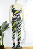 Green Sexy Print Patchwork Oblique Collar Sleeveless Two Pieces