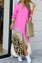 Pink Casual Print Leopard Patchwork Buckle Turndown Collar Shirt Dress Dresses