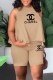 Khaki Casual Print Letter O Neck Sleeveless Two Pieces
