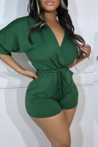 Ink Green Casual Solid Bandage Patchwork V Neck Straight Rompers