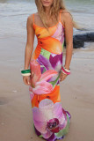 Pink Sexy Print Patchwork Slit Spaghetti Strap Dresses