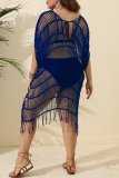 Blue Sexy Solid Hollowed Out See-through V Neck Beach Dress Plus Size Swimwear