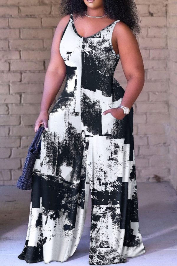 Black White Casual Street Print Spaghetti Strap Loose Jumpsuits