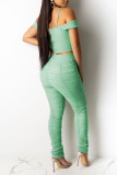 Green Sexy Solid Patchwork Fold Asymmetrical Spaghetti Strap Short Sleeve Two Pieces