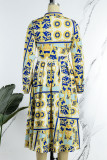 Pink Casual Print Patchwork Buckle Mandarin Collar A Line Dresses