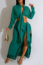 Green Casual Solid Frenulum Slit Turndown Collar Long Sleeve Two Pieces