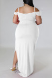 White Sexy Elegant Solid Patchwork Flounce Slit Spaghetti Strap Irregular Dress Plus Size Dresses