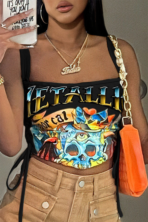 Black Casual Street Cartoon Print Backless Strap Design Spaghetti Strap High Waist Tops