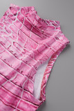 Pink Sexy Print Slit O Neck Sleeveless Two Pieces
