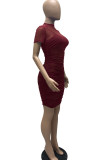 Blue Sexy Solid Patchwork See-through Fold O Neck Pencil Skirt Dresses(Three Pieces)
