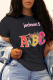 Black Casual Daily Print Patchwork Letter O Neck T-Shirts