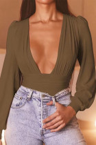Army Green Sexy Casual Solid V Neck Mid Waist Tops