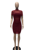 Blue Sexy Solid Patchwork See-through Fold O Neck Pencil Skirt Dresses(Three Pieces)