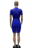 Blue Sexy Solid Patchwork See-through Fold O Neck Pencil Skirt Dresses(Three Pieces)