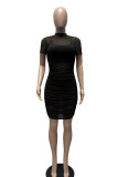 Blue Sexy Solid Patchwork See-through Fold O Neck Pencil Skirt Dresses(Three Pieces)