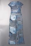 Blue Sexy Street Print Patchwork O Neck Short Sleeve Two Pieces