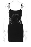 Black Sexy Solid Hollowed Out Patchwork Strapless Pencil Skirt Dresses