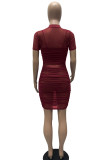 Blue Sexy Solid Patchwork See-through Fold O Neck Pencil Skirt Dresses(Three Pieces)