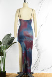 Blue Sexy Casual Print Tie Dye Backless Slit Spaghetti Strap Long Dress Dresses