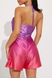Fuchsia Sexy Casual Gradual Change Print Bandage Backless Halter Regular Romper