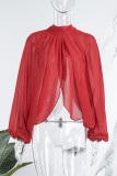 Rose Red Sexy Solid Patchwork See-through Asymmetrical Half A Turtleneck Tops