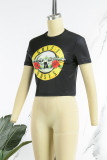 Black Casual Print Basic O Neck T-Shirts