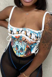 Milky Casual Street Cartoon Print Backless Strap Design Spaghetti Strap High Waist Tops