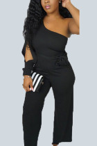 Black Sexy Adult Solid One Shoulder Regular Jumpsuits