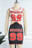 Black Sexy Casual Print Hollowed Out O Neck Vest Dress Dresses