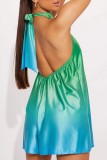 Cyan Sexy Casual Gradual Change Print Bandage Backless Halter Regular Romper