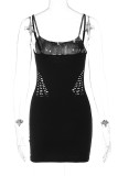 Black Sexy Solid Hollowed Out Patchwork Strapless Pencil Skirt Dresses