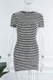 Brown Casual Striped Patchwork O Neck Short Sleeve Dress