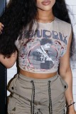 Grey Casual Print Basic O Neck Tops