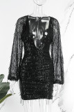 Silver Casual Patchwork Tassel Sequins V Neck Long Sleeve Dresses