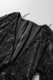 Silver Casual Patchwork Tassel Sequins V Neck Long Sleeve Dresses