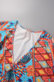 Multicolor Casual Print Slit V Neck Short Sleeve Dress Plus Size Dresses