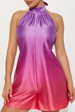 Cyan Sexy Casual Gradual Change Print Bandage Backless Halter Regular Romper