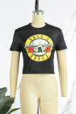 Black Casual Print Basic O Neck T-Shirts