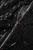 Silver Casual Patchwork Tassel Sequins V Neck Long Sleeve Dresses
