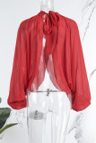 Rose Red Sexy Solid Patchwork See-through Asymmetrical Half A Turtleneck Tops